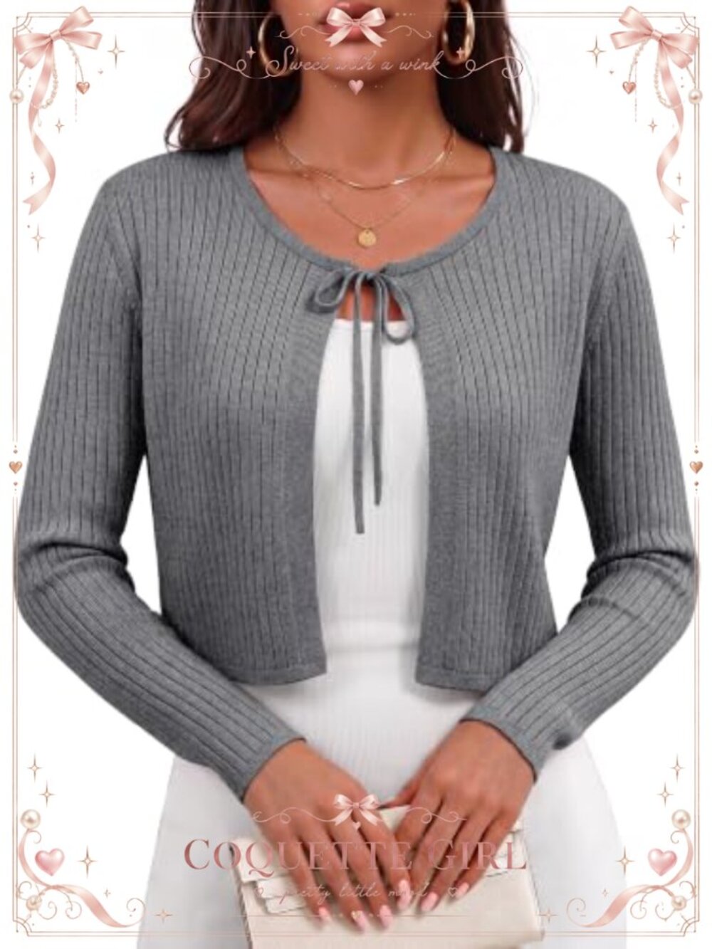 Tie Front Crop Cardigan Long Sleeve Rib Knit Shrug